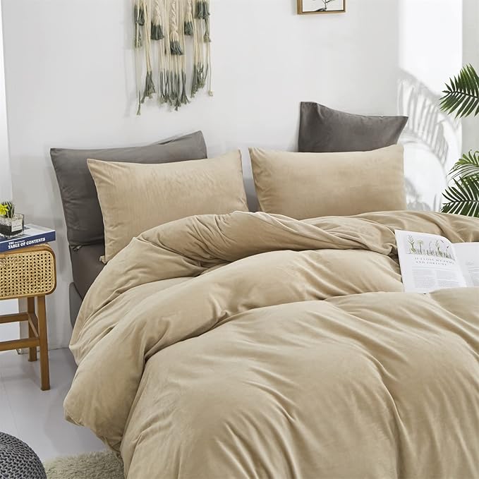 Luxlovery Khaki Velvet Comforter California King Cream Flannel Bedding Minimalist Bedding Set Dark Champagne Blanket Quilts Heavyweight Winter Taupe