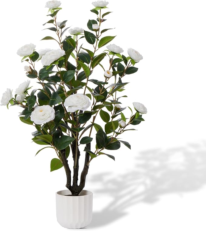3.2FT Artificial Camellia Tree, White Silk Flowers, Indoor Faux Plants with Realistic Trunk in White Cement Pot for Home House Living Room Bedroom Office Decor, 1pc