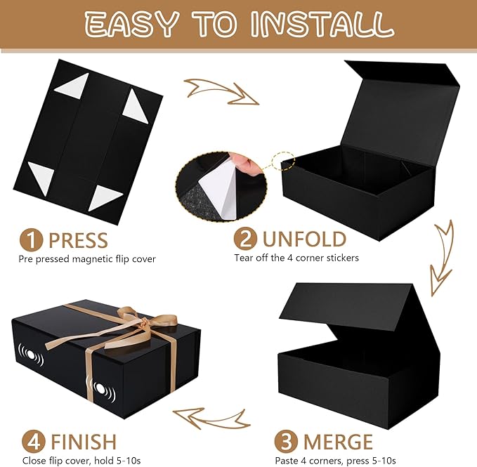 RayofSun Black Gift Box,13.8" x 9" x 4.3" Large Groomsmen Proposal Box with Magnetic Closure Lid and Ribbon for Anniversary Wedding Birthday Graduation Festivals (1 Pack)