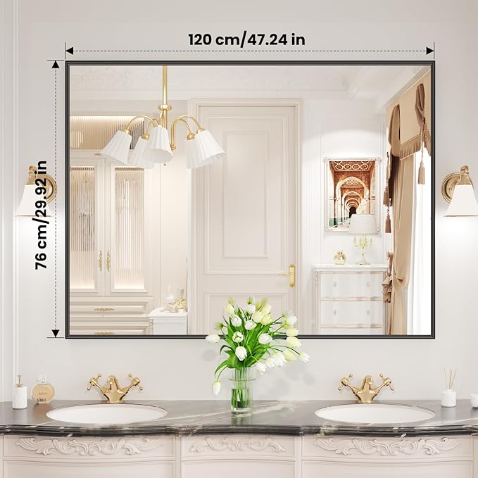 LOAAO Black Bathroom Mirror 48"X30" for Wall, Rectangle Bathroom Vanity Mirror, Tempered Glass, Hangs Vertically or Horizontally, Easy to Install, Modern Design