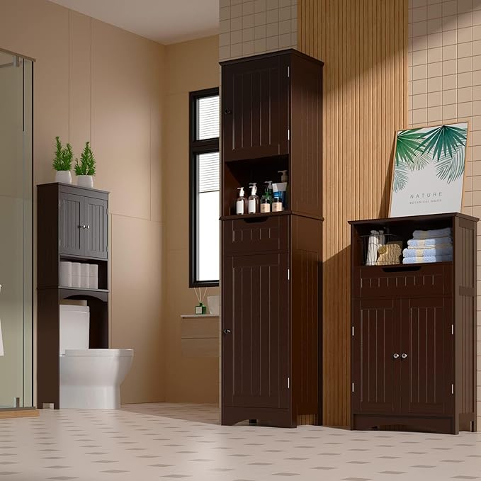 Gizoon 67" H Tall Bathroom Cabinet, Storage Cabinet with 2 Doors & Drawer, Narrow Linen Tower Freestanding Adjustable Shelves for Home, Kitchen, Versatile, Anti-Tipping, Dark Brown