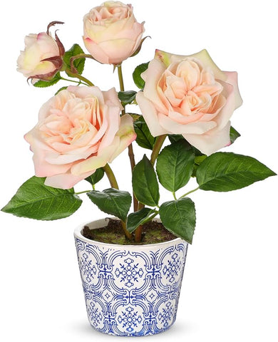 Hollyone Light Pink Roses Artificial Flowers in Blue and White Porcelain Vase 13.4" Fake Roses Flower Arrangement Artificial Plants & Flowers Potted Faux Silk Rose Flower with Ceramic Pot Home Decor