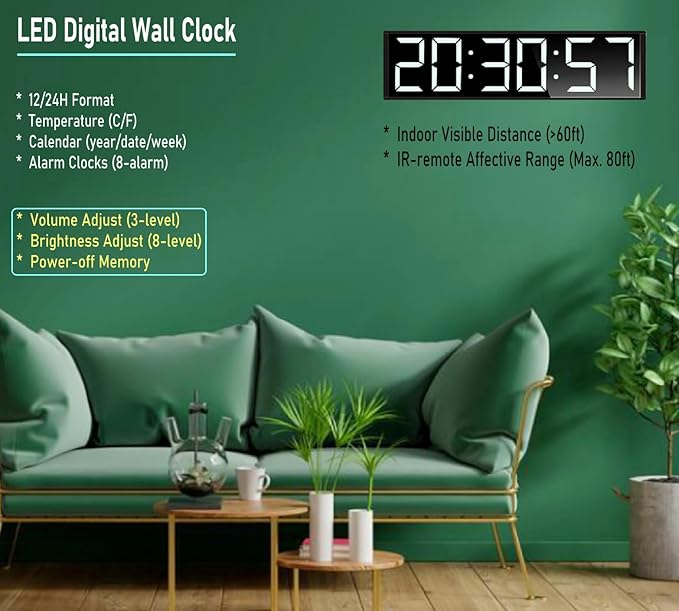 26'' Huge Digital Wall Clock, Home Gym Interval Workout Timers, with Countdown, Stopwatch, 7-Color Light, 8-Alarms, Calendar/Temperature Display, for HIIT/Tabata/FGB/EMOM (White)