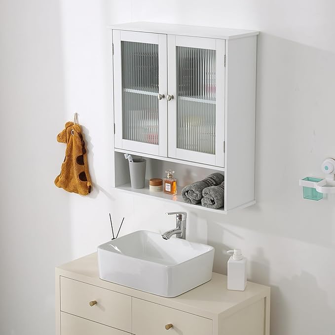 LITA Bathroom Wall Cabinet with Glass Doors, Medicine Cabinet with Adjustable Shelves, Space Saver Over Toilet Storage Cabinet for Bathroom, Living Room, Kitchen, White