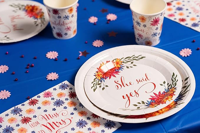 Bridal: From Miss to Mrs (Colorful Floral) Tableware Pack: Disposable Paper Plates, Napkins and Cups Set for 20