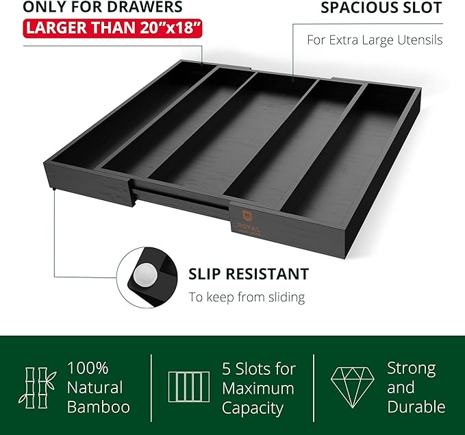 ROYAL CRAFT WOOD Luxury Bamboo Kitchen Drawer Organizer - Silverware Organizer - Utensil Holder and Cutlery Tray with Grooved Drawer Dividers for Flatware and Kitchen Utensils (5 Slot, Black)