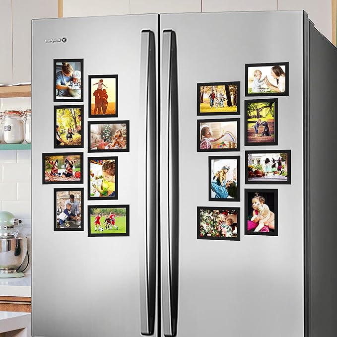 CRUGLA 5x7 Magnetic Picture Frames for Refrigerator 8 Packs, Modified Sheet With Self Adhesive Backing, Black Photo Frame Set for Glass Window Door Cubicle