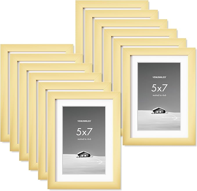 5x7 inch Picture Frame, 5x7 Photo Frames with 4x6 Removable Mat - High Definition Plexiglass - Vertical and Horizontal Display - Wall Hanging Frame - Gold, 12 Pack
