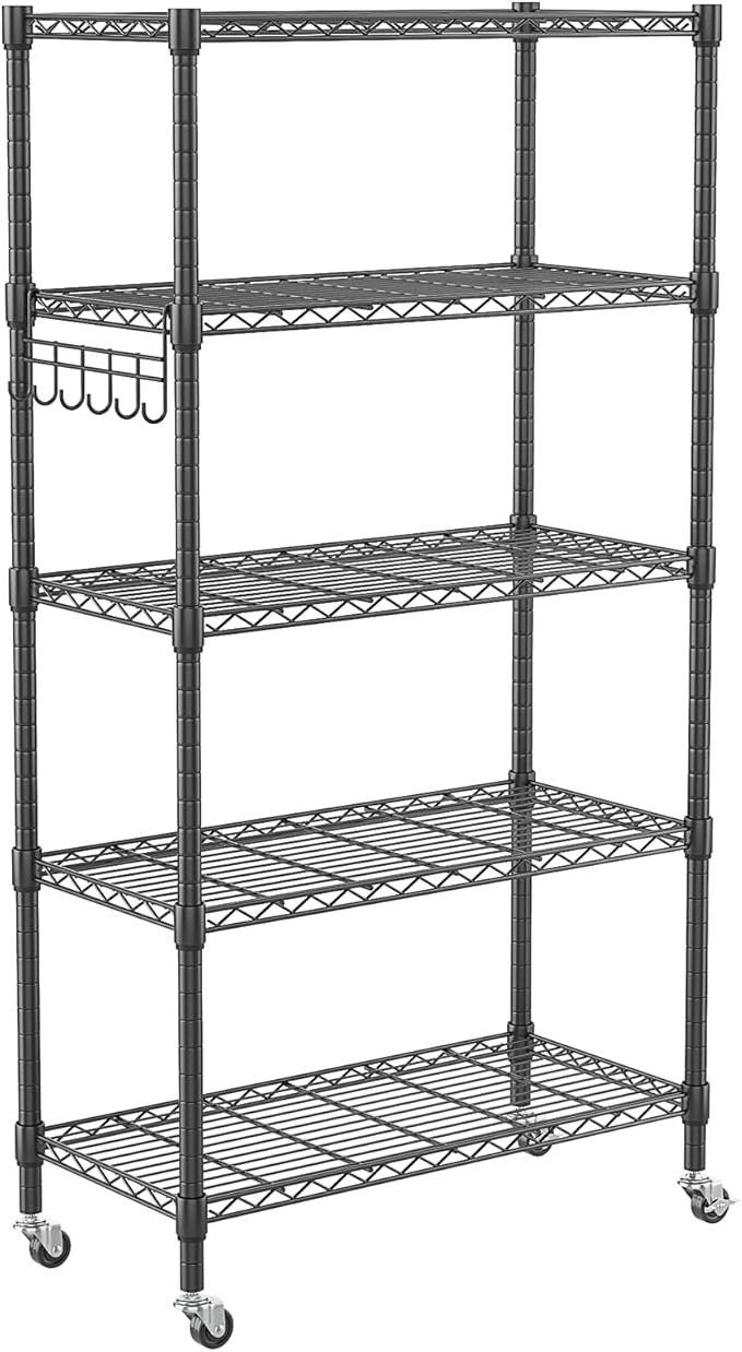 Homdox 5 Tier Metal Storage Shelves with Wheels, Heavy Duty Wire Shelving Unit, Adjustable Storage Racks with Side Hooks for Bathroom Kitchen Garage Pantry Organization, Black