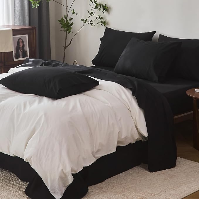 100% Cotton 6-Piece Queen Size 102" x 90" Bedding Set - Fitted Sheet, Flat Sheet & 4 Pillowcases with 17" Deep Pocket,Soft Breathable Bed Sheets for Cozy Sleep,Black
