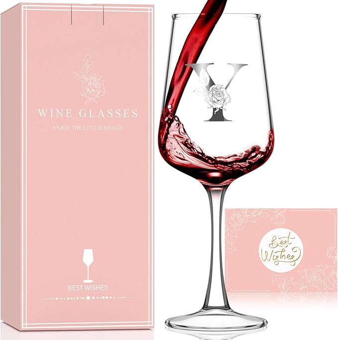 Monogrammed Wine Glass Gifts for Women - Personalized A-Z Wine Glasses with Gift Box & Greeting Card | Custom Mothers day, Anniversary, Birthday Gifts for Her, Mom, Wife, Best Friend, Sister,Woman (Y)