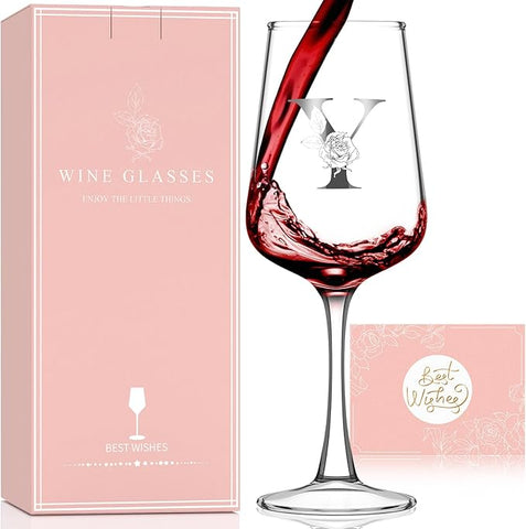 Monogrammed Wine Glass Gifts for Women - Personalized A-Z Wine Glasses with Gift Box & Greeting Card | Custom Mothers day, Anniversary, Birthday Gifts for Her, Mom, Wife, Best Friend, Sister,Woman (Y)