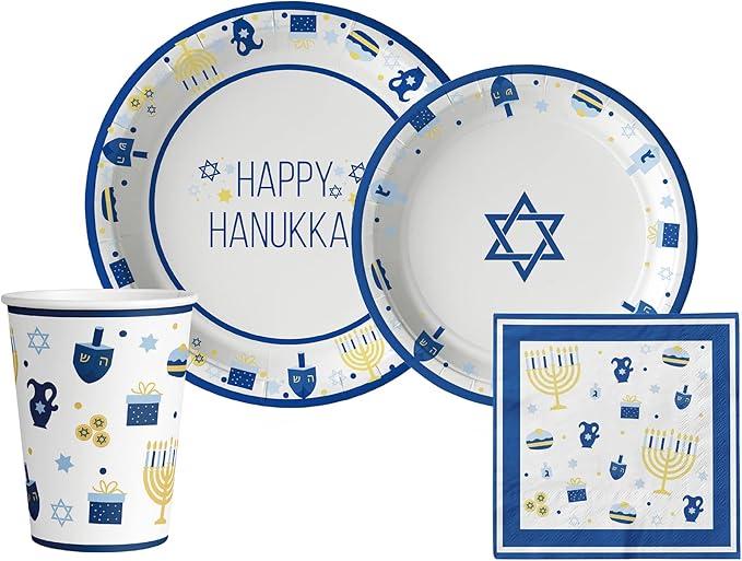 Happy Hanukkah Tableware Pack: Disposable Paper Plates, Napkins and Cups Set for 20