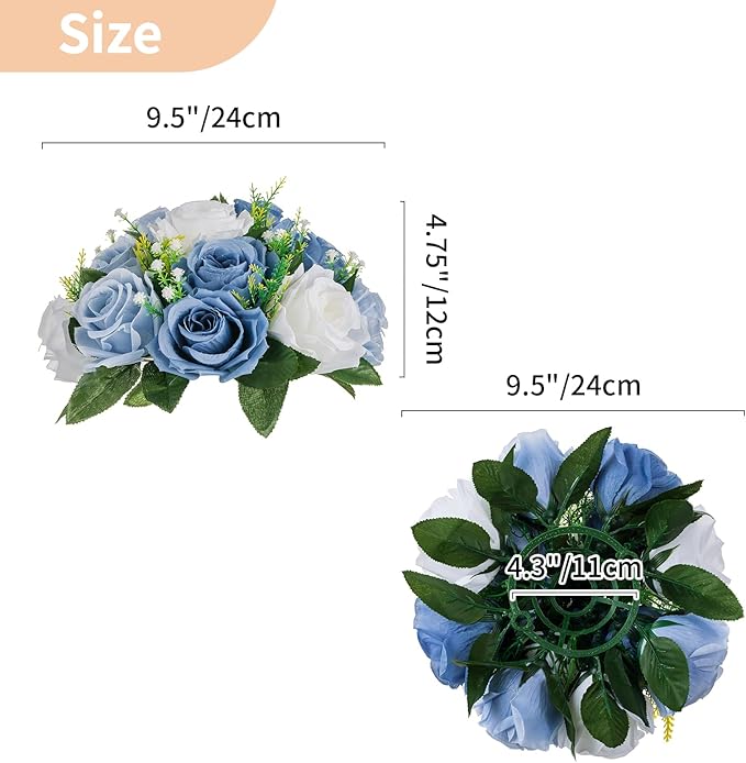 NUPTIO Flower Balls for Wedding Centerpieces - 2 Pcs 9.5 inch Diameter Fake Flower Ball Arrangement Bouquet Party Centerpieces for Tables - Dusty Blue Rose Bouquet Centerpiece Flowers for Table