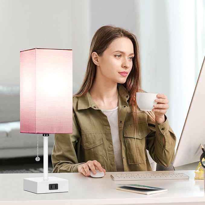 Table Lamp for Bedroom set of 2,3-Color Bedside Lamps with Pull Chain Table Lamps for Nightstand with AC Outlets,Small Night Light Lamps with 2 Bulbs Lamps for Living Room Kids Room Office Decor（Pink）