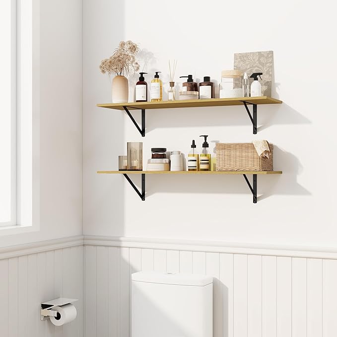 Fun Memories Deep Floating Shelves for Wall, 16W x 8D Wall Mounted Shelves Set of 2, Wide Display Ledge Shelf with Sturdy Metal Brackets for Living Room, Bathroom, Bedroom and Kitchen, Oak