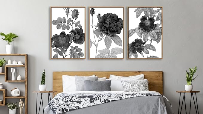 Large Framed Canvas Wall Art - Natural Float Framed Black Gray Flowers Pictures Decor Simple Blossom Leaves Botanical Artwork for Living Room Bedroom Kitchen Home Office Decoration 48" X 24" Set of 3
