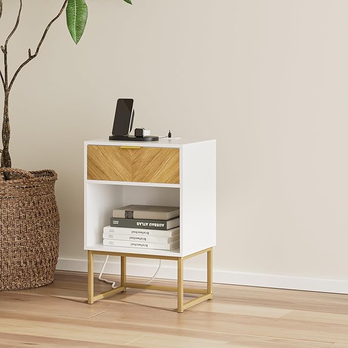 Masupu Nightstand with Charging Station,Modern Night Stand Boho Farmhouse Wood Bedside Table with Storage Drawer Side End Table for Bedroom,Living Room,Office,White with Outlet