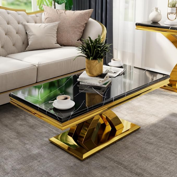 AUZ 48“ Black and Gold Coffee Table for Living Room, Guest Hall, Luxury Rectangle Center Table with Polished Metal Base