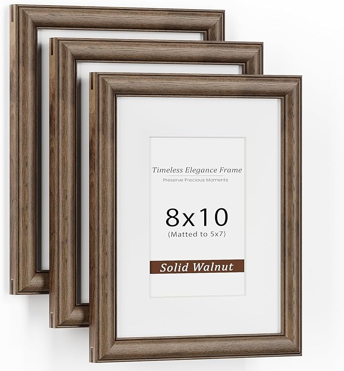 8x10 Picture Frame, USA-Sourced Walnut Wood Frame with Tempered Glass, Display 5x7 with Mat or 8x10 Without Mat, 8 by 10 Photo Frame for Wall & Tabletop Display, Handcrafted Wood Frame, 3 Pack