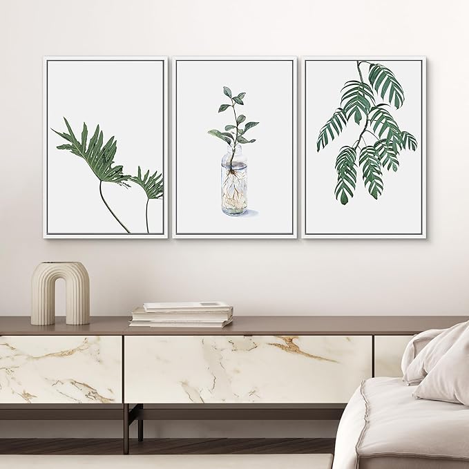 SIGNWIN Framed Wall Art Print Set Trio of Jungle Palms & Snake Succulents Floral Plants Photography Modern Art Minimalist Black and White for Living Room, Bedroom, Office - 24"x36"x3 White