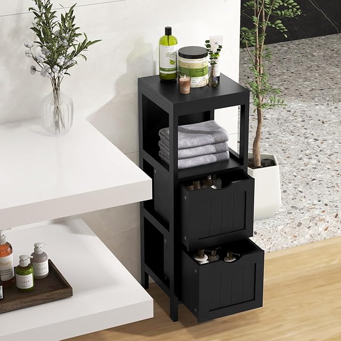 Tangkula Small Bathroom Storage Cabinet with 2 Removable Drawers, Wood Freestanding Floor Cabinet for Bathroom, Anti-Tipping Device, Side Corner Cabinet for Small Spaces (Black)