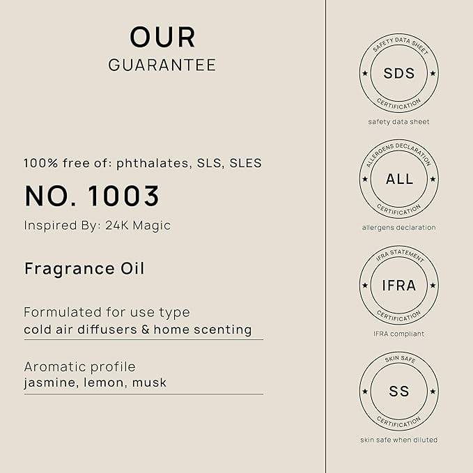 VINEVIDA [4 Fl Oz] Scent NO. 1003 Inspired by 24K Magic Fragrance Oil for Cold Air Diffusers, Aromatic Notes of Lemon Jasmine Musk, Essential Oils for Diffuser Oil Refill & Air Freshener Room Spray