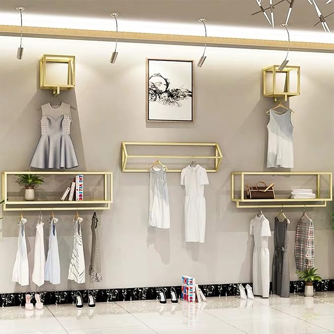 Metal Garment Racks in Boutique Clothing Stores Display,Wall-Mounted Hanging Potted Plants Clothes Shelf in Home,Towel Rack for Bathroom Storage Shelves (Gold, 11.8" L)