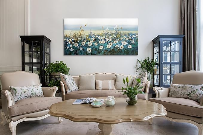 Arjun Flowers Wall Art Canvas White Daisy Floral Painting Blue Coastal Teal Landscape Picture Turquoise Textured Framed Artwork for Living Room Bedroom Office Home Wall Decor, Extra Large 58"x29"