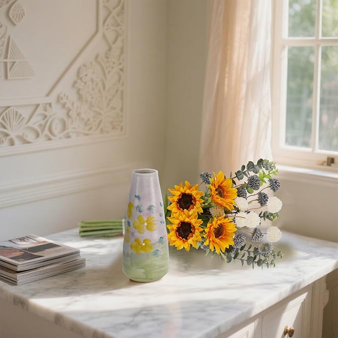 Fake Sunflowers with Hand-Painted Vase,16" Artificial Flowers in Small Ceramic Vase,Silk Flower Eucalyptus Bouquet Faux Arrangements for Home Living Room Kitchen Office Coffee Table Decor