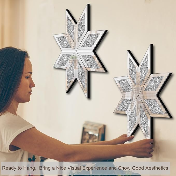 2 Piece Crushed Diamond Decorative Mirror, Silver Crushed Diamond Mirror Decor Wall for Living Room Bedroom Bathroom Office (12X12in, Set of 2, Ready to Hang)