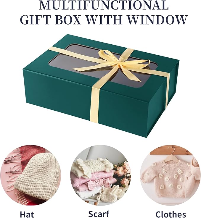 TIACABO Green Large Gift Box with Window, 13.5"x9"x4.3" Bridesmaid Boxe for Gifts Giving,Birthday Gift Boxes with Magnetic,Closure Lid Gifts Box for Presents,Cute Boxe,Luxury for Gift Packaging