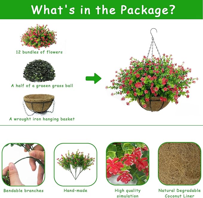 Artificial Hanging Flowers Basket, 12 UV-Resistant Bundles of Realistic Fake Flowers, Faux Plants for Outdoor Decor, Home, Garden, Porch, Patio, Spring & Summer Decorations, Red