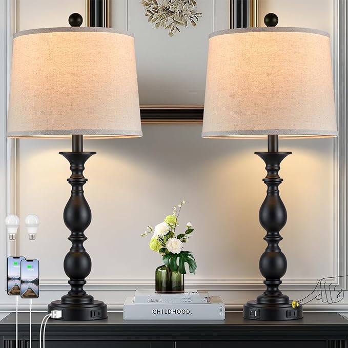 28" Tall Modern Table Lamps Set of 2 with USB C+A Ports and AC Outlet, 3 Way Touch Metal Bedside Lamps for Living Room, Black Farmhouse Nightstand Lamps for Bedroom