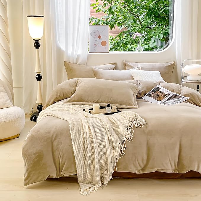 Luxlovery Cream Coffee Velvet Comforter Queen Khaki Flannel Bedding Minimalist Bedding Solid Dark Champagne Blanket Quilts Heavyweight Winter Taupe Color