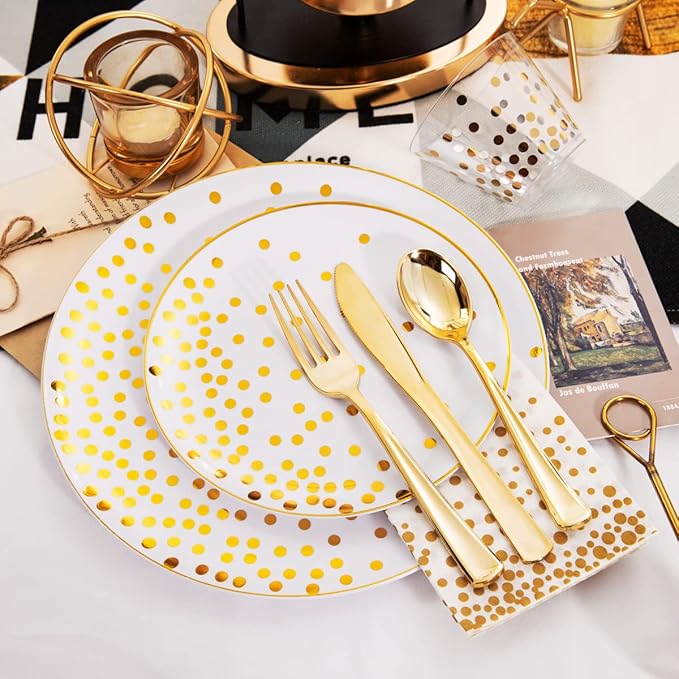 U-QE 350PCS White and Gold Plastic Dinnerware Set - Graduation Plates and Napkins 2025 - Graduation Party Supplies Include Gold Dot Plastic Plates, cutlery, Napkins, Cups