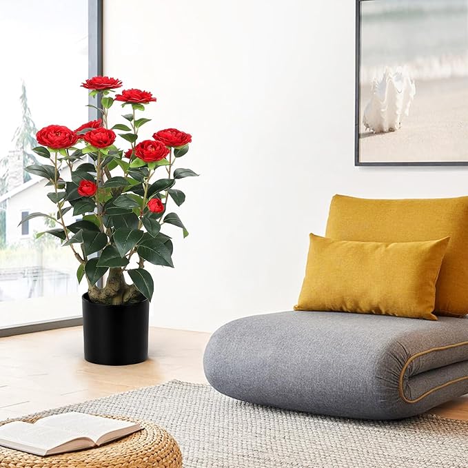 Romantic Season 2FT Red Artificial Camellia Tree 2Pack, Faux Camellia Plant Fake Potted Camellia Flower Tree for Modern Home Office Living Room Floor Décor