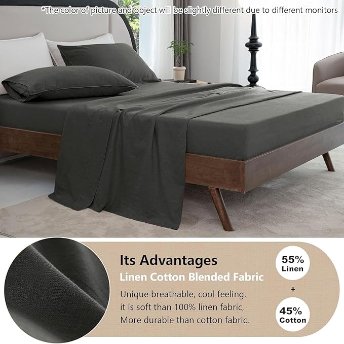Talasily Linen Sheets- California King Size Sheets Set,Blend from Linen Cotton Bedsheets,All Seasons Soft Breathable 4 Piece Set-Dark Grey