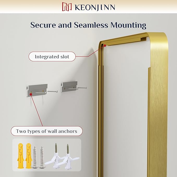 Keonjinn Brushed Gold Bathroom Mirror 48 x 30 Inch Large Rounded Rectangle Vanity Mirror, Brass Gold Wall Mirror with Shatterproof HD Tempered Glass, Decorative Gold Framed Mirror(Horizontal/Vertical)