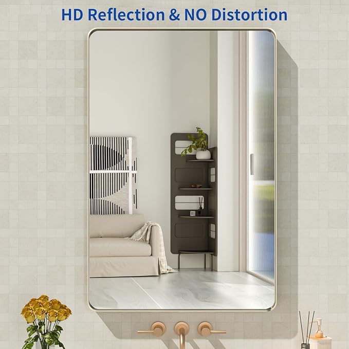 WEER 24X36 Inch Brushed Nickel Bathroom Mirror, Brushed Silver Metal Frame Mirror, Rounded Rectangle Silver Bathroom Vanity Mirror, Tempered Glass, Anti-Rust, Hangs Horizontally or Vertically