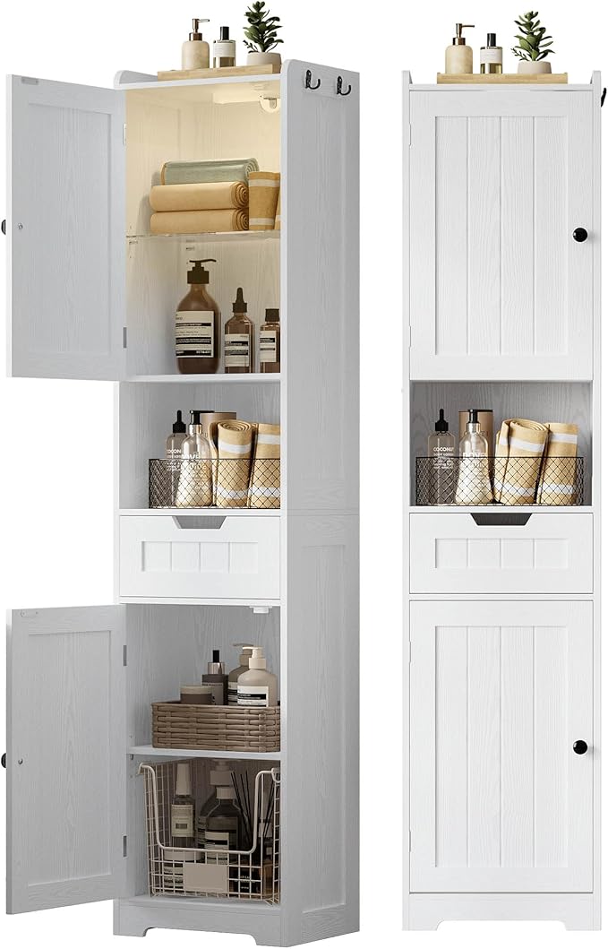 LIKIMIO 68" Tall Bathroom Storage Cabinet with Lights, Narrow Storage Cabinet with Adjustable Shelves, 2 Doors, 2 Hooks & 1 Drawer, Slim Freestanding Cabinet for Bathroom, Living Room, Kitchen, White
