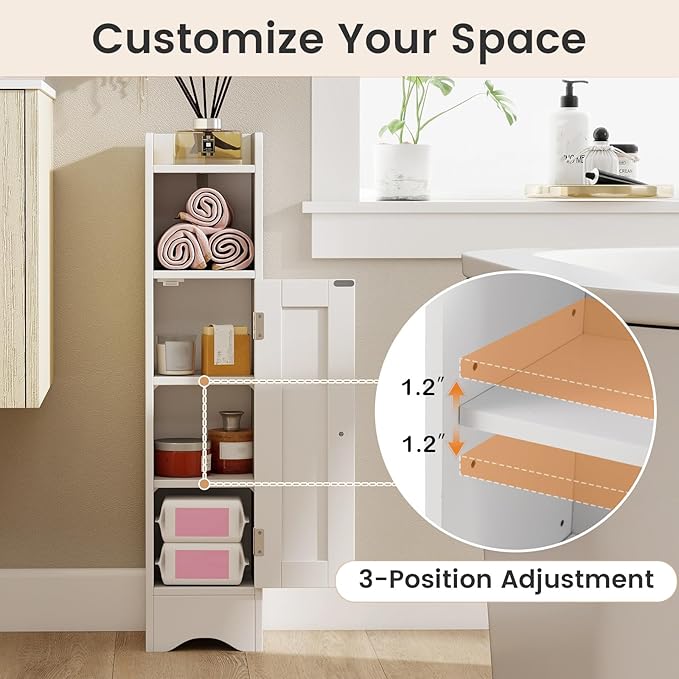 Tangkula Bathroom Storage Cabinet with Door, Toilet Paper Holder Stand with Adjustable Shelves & Open Compartment for Small Spaces, Narrow Freestanding Storage Organizer, 7 x 7.5 x 31.5 Inches (White)
