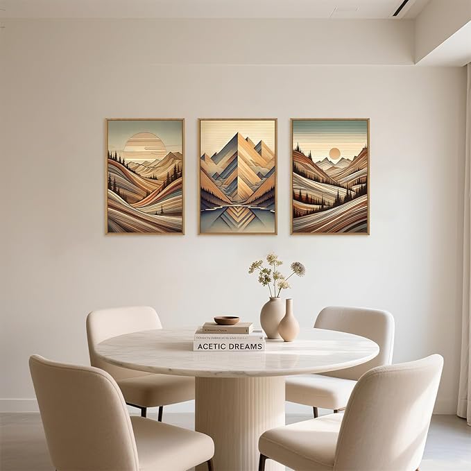 Large Vintage Woodcut Style Mountain Framed Canvas Wall Art,Mid Century Woodland Wall Decor,Boho Sunrise Forest Artwork,Modern Neutral Nature Art Print for Living Room,Bedroom,Office-24 x36 x3