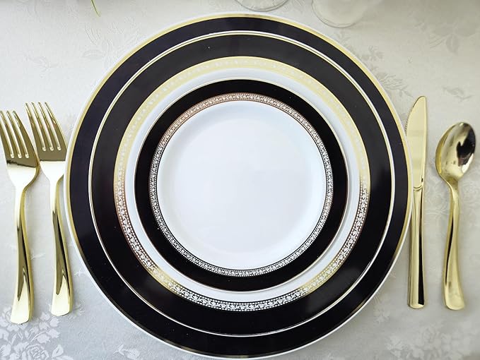 " OCCASIONS " 240 Plates Pack,(120 Guests) Heavyweight Premium Disposable Plastic Plates Set -120 x 10.5'' Dinner + 120 x 7.5'' Salad/Dessert (Ritz Black and Gold)