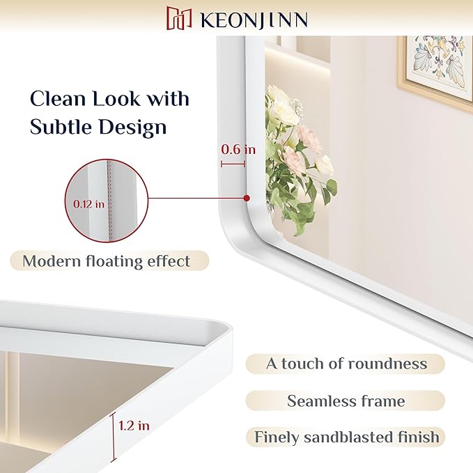 Keonjinn White Bathroom Mirrors for Over Sink, 30 x 36 Inch Metal Framed Bathroom Mirror for Wall, Rounded Rectangle Matte White Mirror with HD Tempered Glass, Hangs Horizontally or Vertically