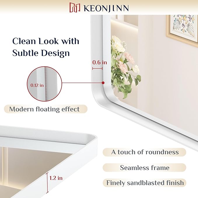 Keonjinn White Framed Mirrors for Bathroom 20 x 30 Inch Rounded Rectangle Bathroom Mirrors for Wall, White Farmhouse Mirror for Home Decor, HD Tempered Glass, Seamless Metal Frame(Horizontal/Vertical)