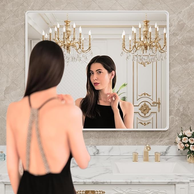 LOAAO 48x40 Inch White Metal Framed Bathroom Mirror for Wall, Large Rounded Rectangle Mirror, Anti-Rust, Tempered Glass, Hangs Horizontally or Vertically