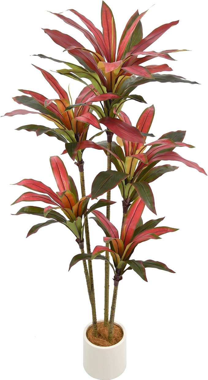 Artificial Dracaena Tree 5ft(60in) Tall Large Faux Silk Plants with Realistic Trunks and Red Leaves, Fake Floor Potted Artificial Plants for Home Office Indoor Decor (5feet,1Pack)