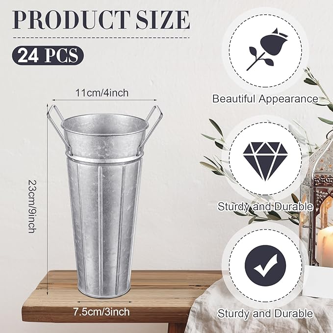 Lallisa 24 Pcs Metal Vases 9 Inch Galvanized French Farmhouse Flower Buckets with Handles and Hemp Rope, Vintage Style Flower Containers for Country Wedding Party Table Centerpiece Decor(Silver)