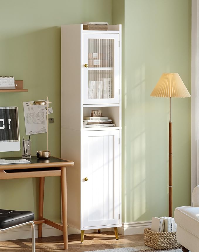 69'' Tall Bathroom Storage Cabinet with 2 Adjustable Shelves, White 6 Tier Narrow Bathroom Cabinet with 2 Doors, Slim Linen Cabinets for Brathroom,Home Office,Wood